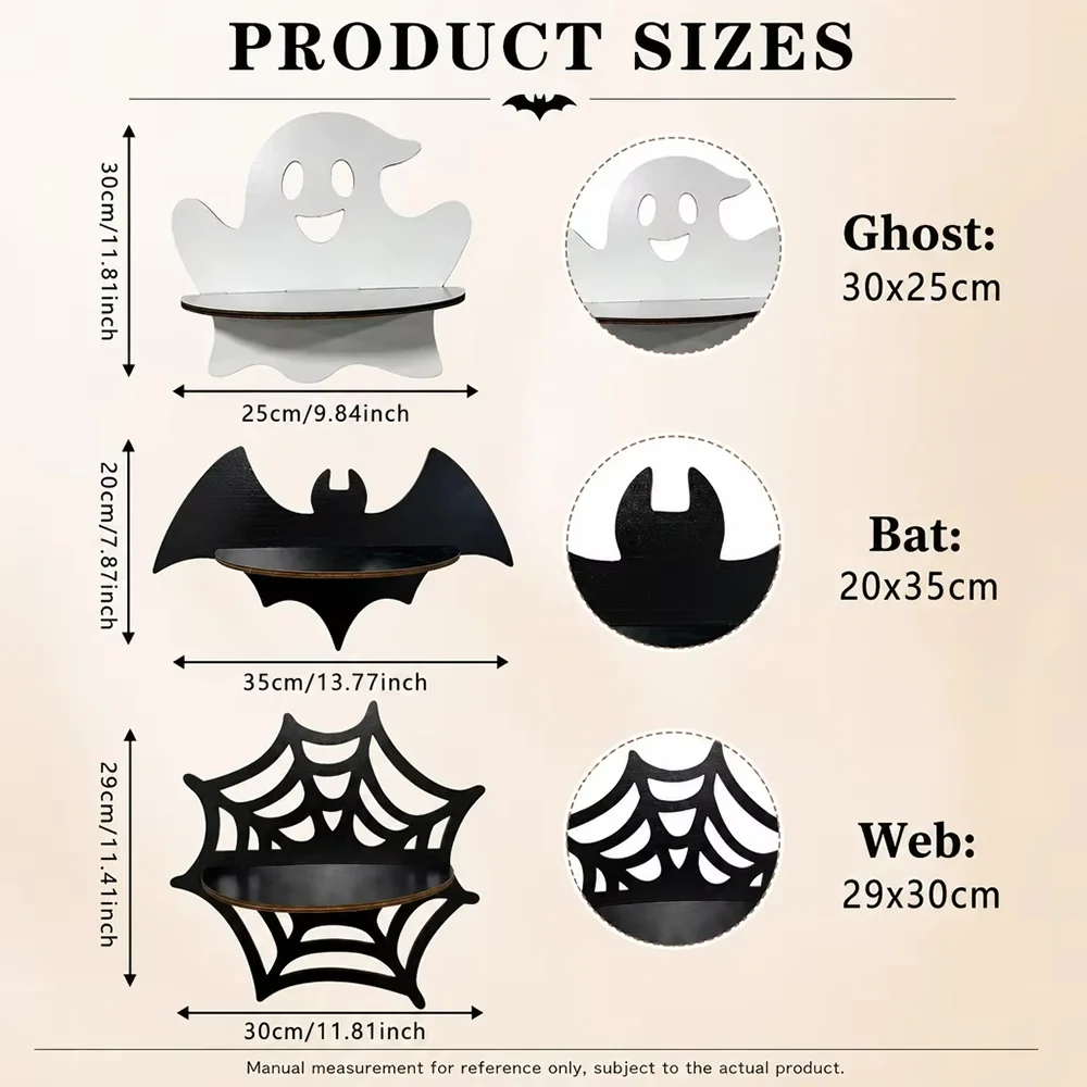 Halloween Wooden Wall Shelf Ghost Spiderweb Bat Wall‑Mounted Storage Rack Spooky Wall Decor for Home Party Decoration Ornament