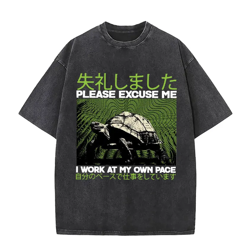 Japanese Iwork At My Own Pace Funny Turtle Graphic T Shirts Men's Fashion Harajuku Cotton Short Sleeve T-shirt Unisex Streetwear