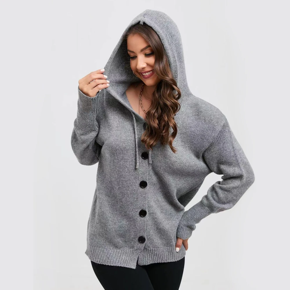 

Women's V Neck Hoodie Knit Cardigan Spring Loose Casual Plain Sweater Holiday Gift