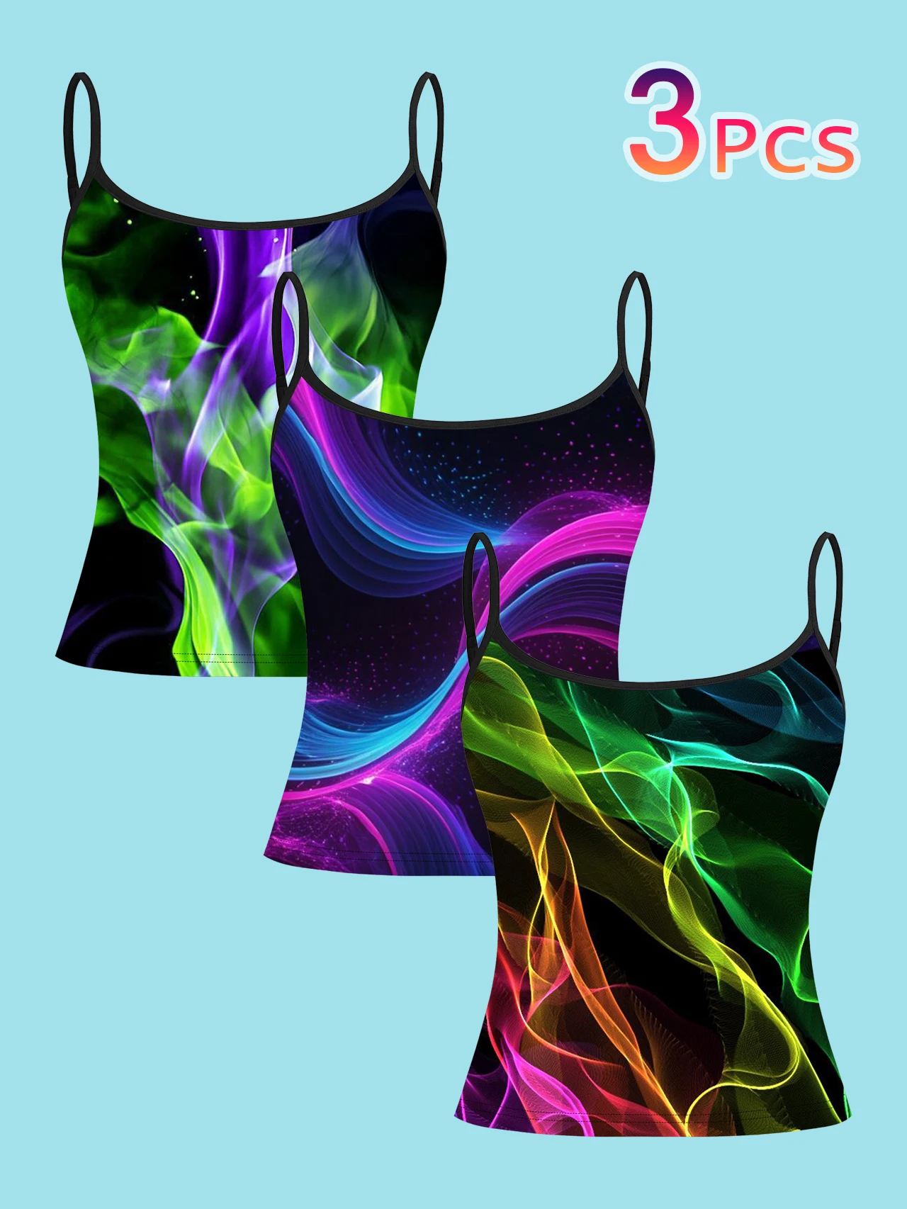 3-Pack Neon Smoke Ribbon Print Camisole for Women, Black Base with Fluorescent Green, Purple, and Blue Gradient Pattern, Slim-Fit Spaghetti Strap Inner Top