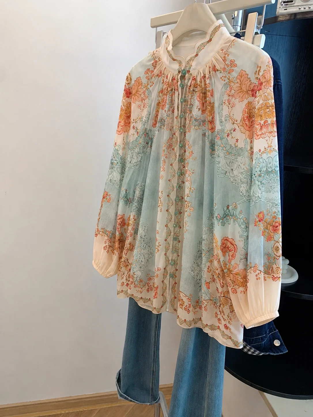 Loose Long Sleeve Floral Opaque Shirt Men's Early Autumn Vintage Court Style Stand Collar Lightweight Sun Protection Shirt