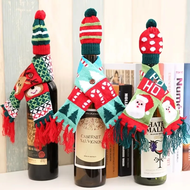 Christmas Wine Bottle Decor Supplies Christmas Knitted Scarf Hat Set Red Wine Bottle Decorations Holiday Atmosphere Decorations