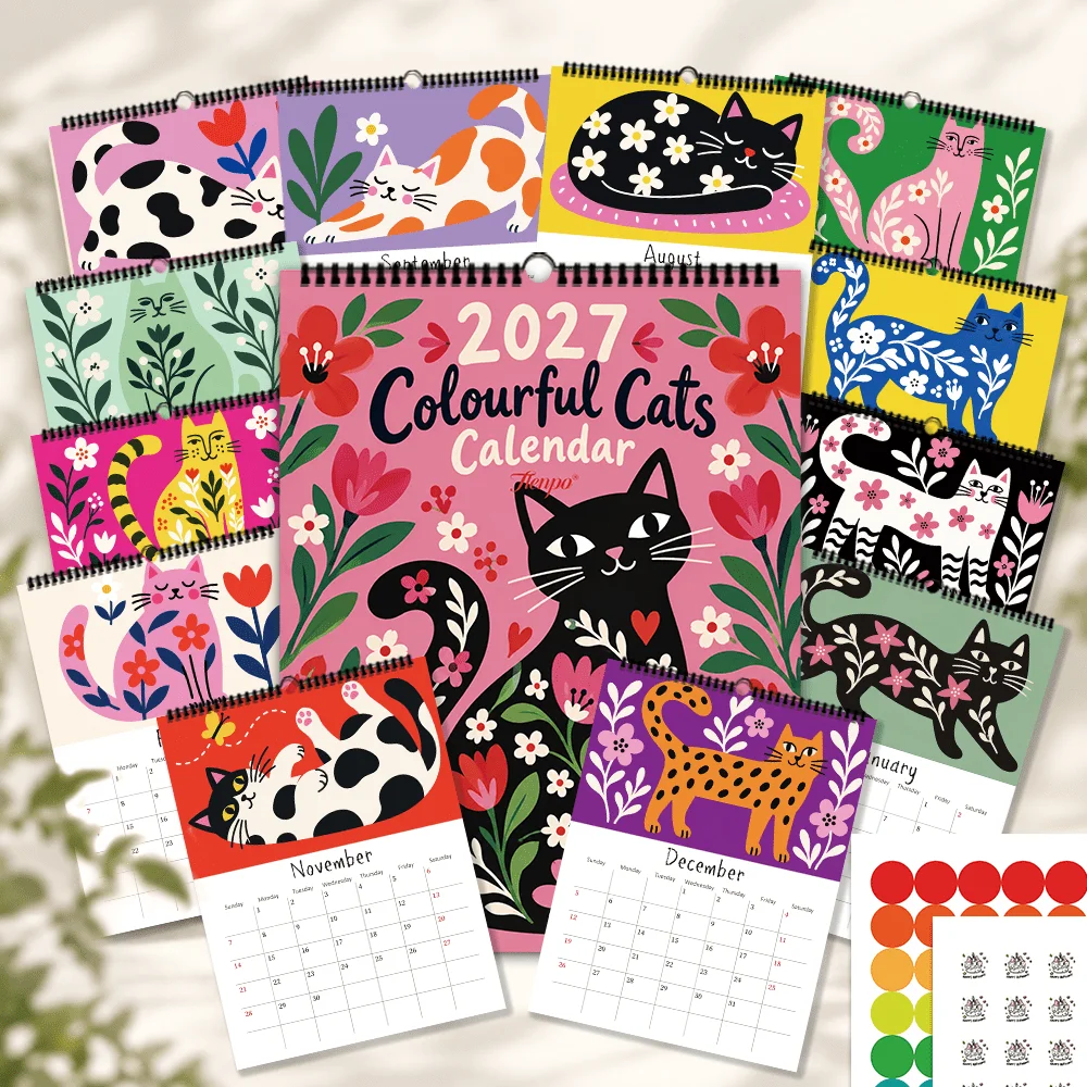 1pc, 2027 Wall Calendar, Folk Colorful Cat Art, 12 Month Planner for Home Office Decor, Christmas New Year Gift with Stickers