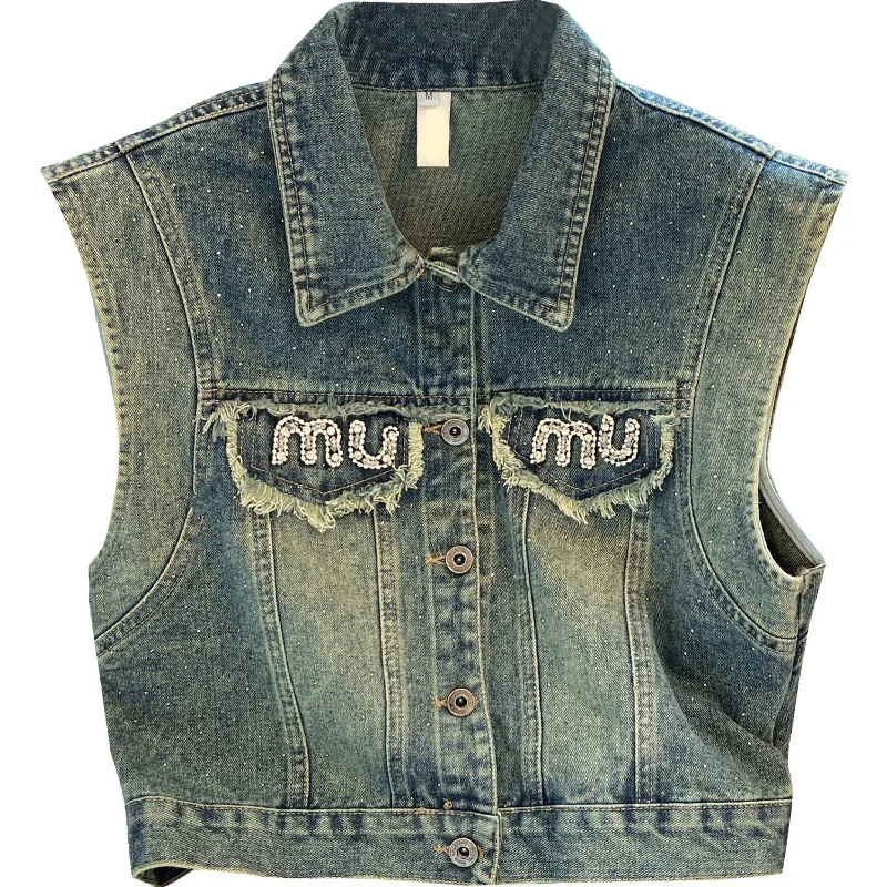 Vintage Hot Rhinestone Denim Vest Coat Women\'s Spring Autumn New Washed Dressed Short Sleeveless Spice Girl Street Top