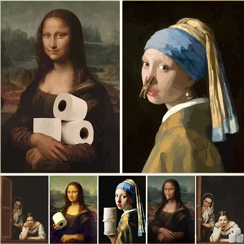 Multiple sizes 1pc frameless Canvas Painting Funny Bathroom Toilet Decoration Painting Mona Lisa Wearing Pearls Girl with Roll P