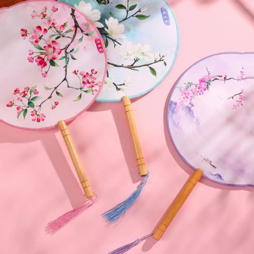 Chinese Style Round Hand Fan Ink Painting Ancient Dance Silk Fan with Tassel Long Handle Embroidery Fan for Wedding