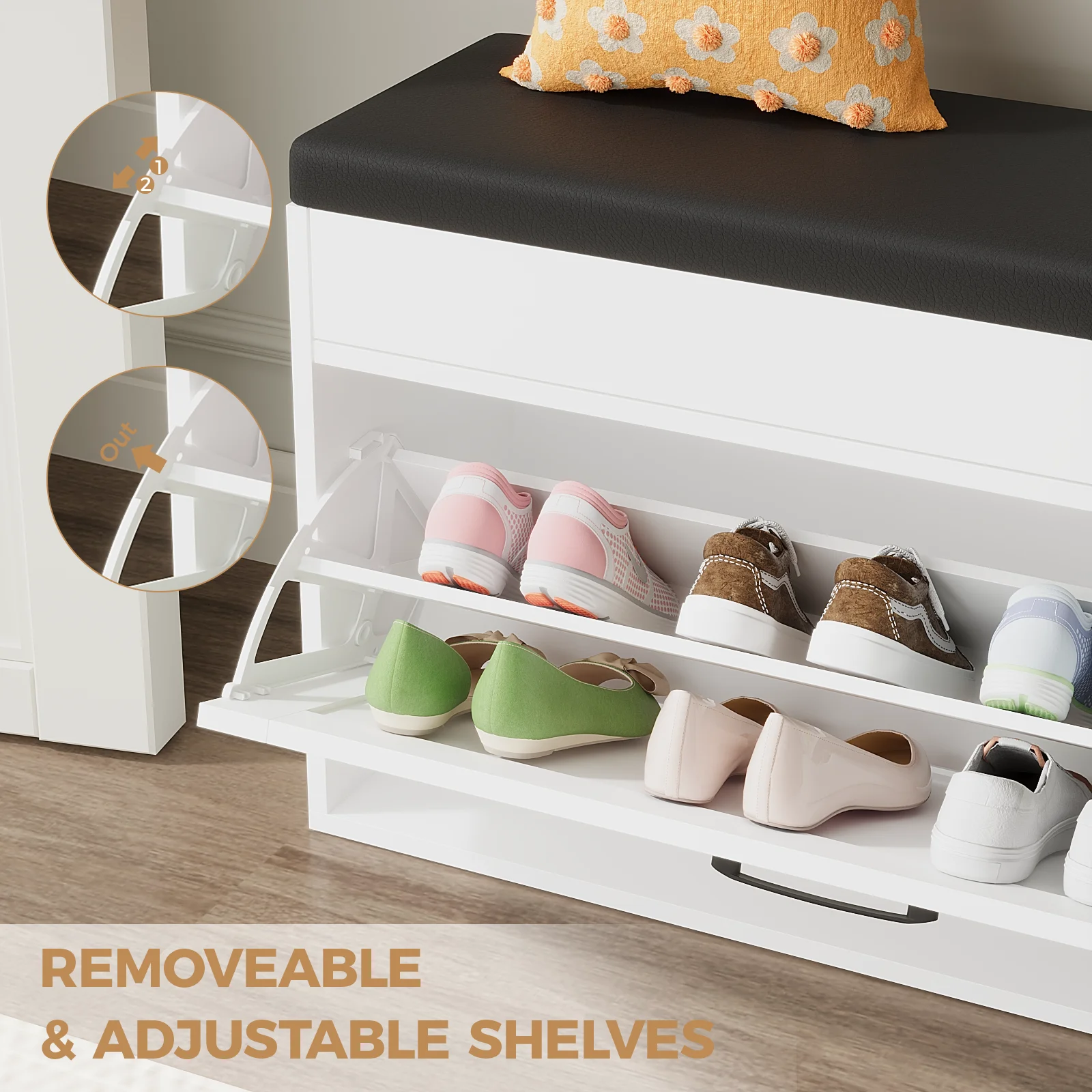VOWNER Shoe Bench Cabinet with 1 Flip Drawers and 2 Compartments image 5