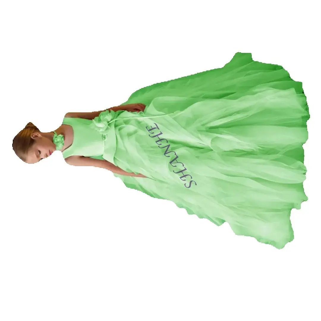 Abito da comunione senza maniche con scollo quadrato e piega floreale personalizzato per ragazza, lunghezza del pavimento, abito da cerimonia nuziale estivo di lusso con strascico