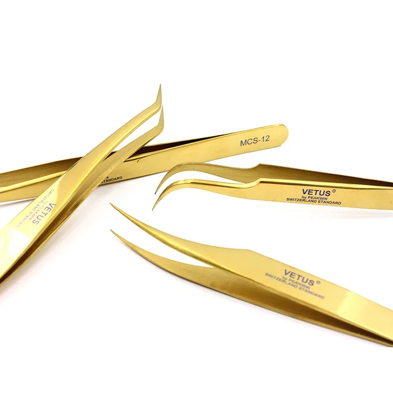 100%Vetus MCS Series Golden colors Premium Beauty Makeup Tweezers for Eyelashes Extension Pinzas Super precision