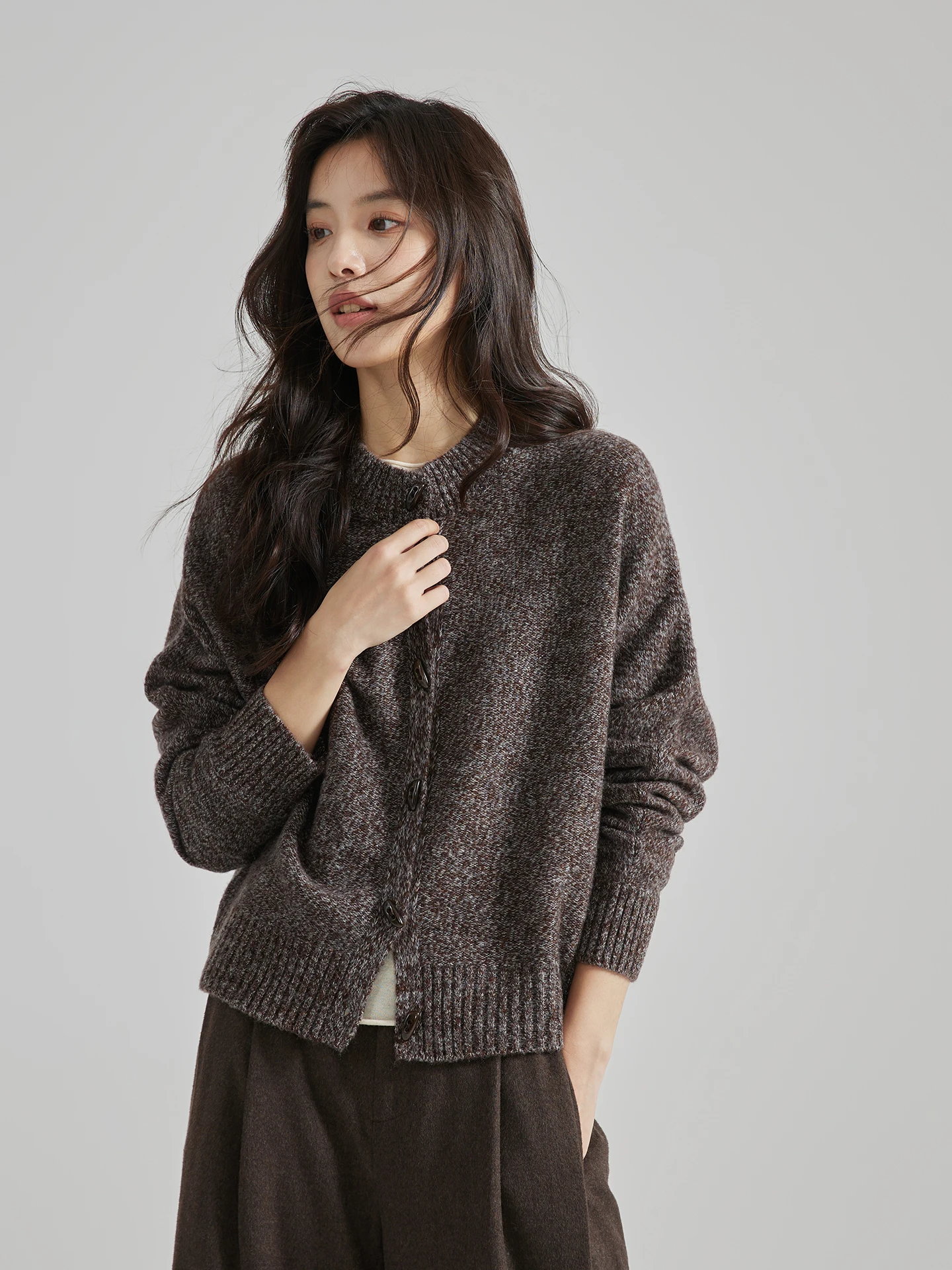 

Женский открытый кардиган с воротником-стойкой, вязаная верхняя одежда, осень-зима, новый свободный крой, длинный свек, круглый Ne Single ...