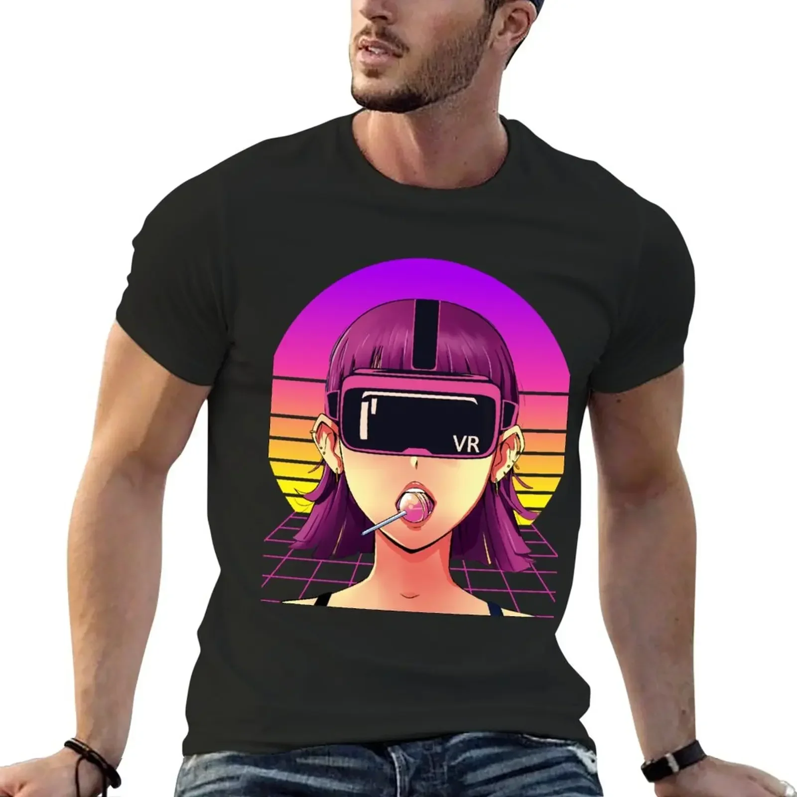 Cyber Virtual Reality Anime Girl VR Headset Futuristic Looking T-Shirt summer top summer clothes t shirt for men