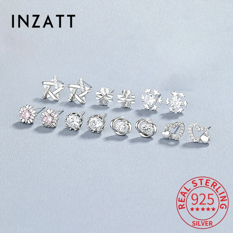 INZATT Real 925 Sterling Silver Heart Star Geometric Stud Earrings For Women Cute Fine Jewelry Minimalist Accessories Party