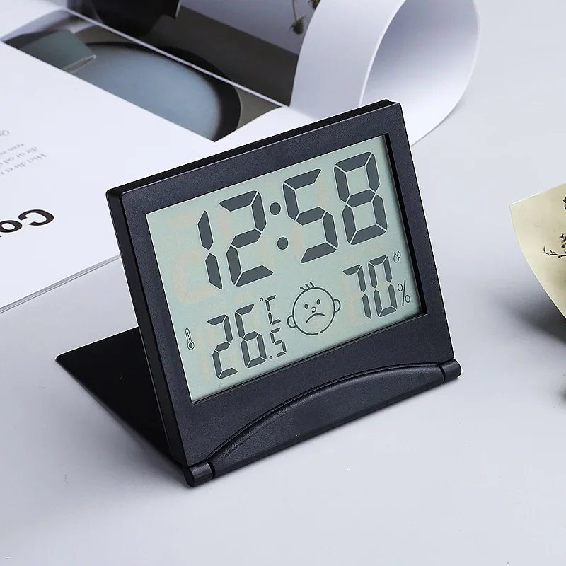 Foldable Mini Alarm Clock Temperature Humidity Battery Powered Snoze Table Clock 12/24H LCD Digital Clock With CR2025 Battery