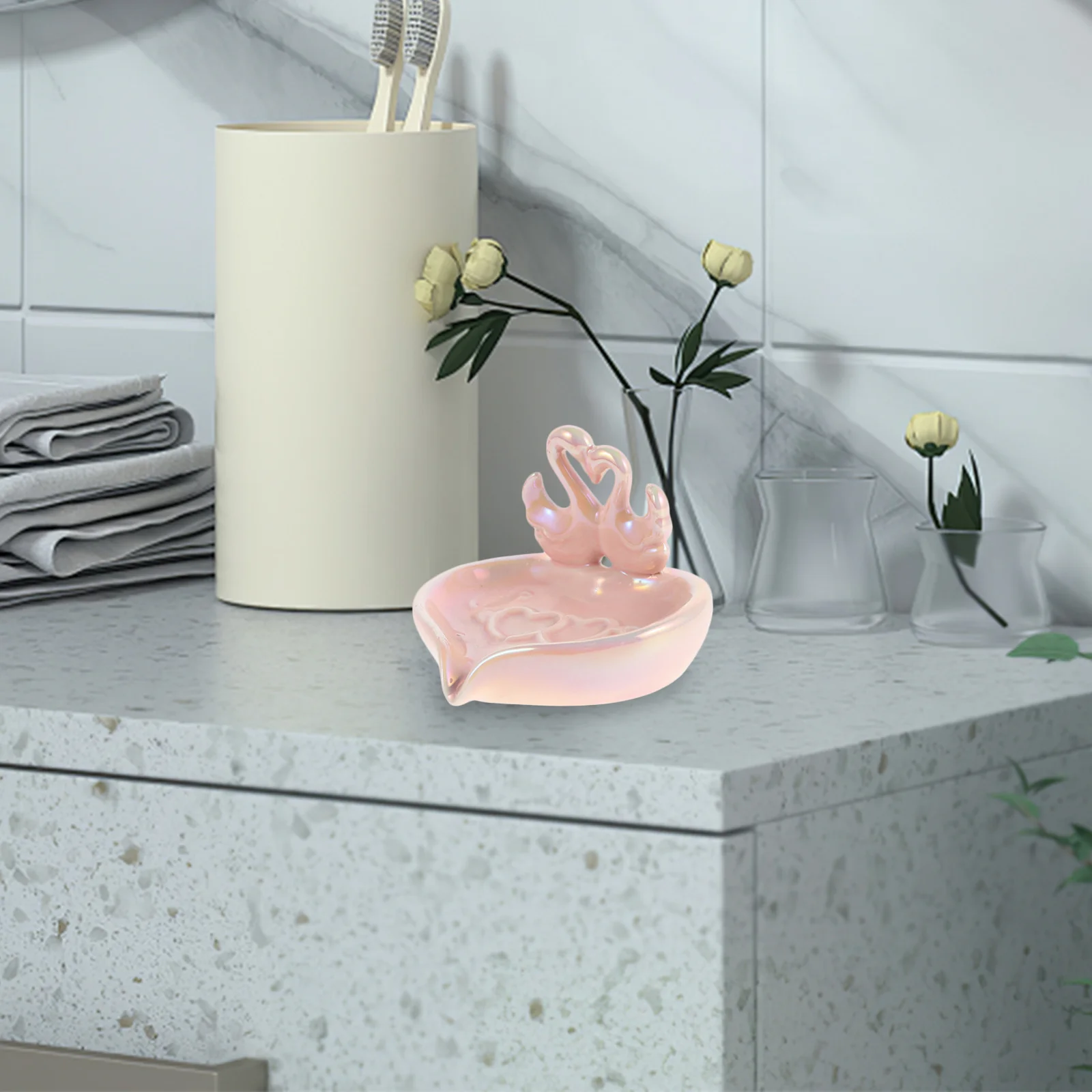 

Ceramic Swan Soap Dish Self-Draining Soap Holder for Bathroom Sink Shower Decorative Tray Countertop Organizer Storage
