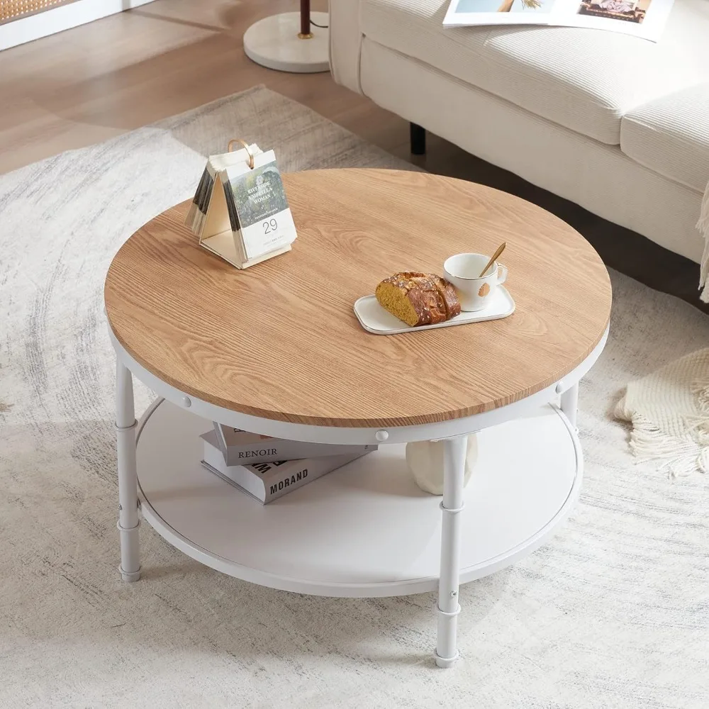

31.5" Natural White Round Farmhouse Coffee Table, 2-Tier Storage Wood Center Circle Accent Table for Living Room, Bedroom, Apar