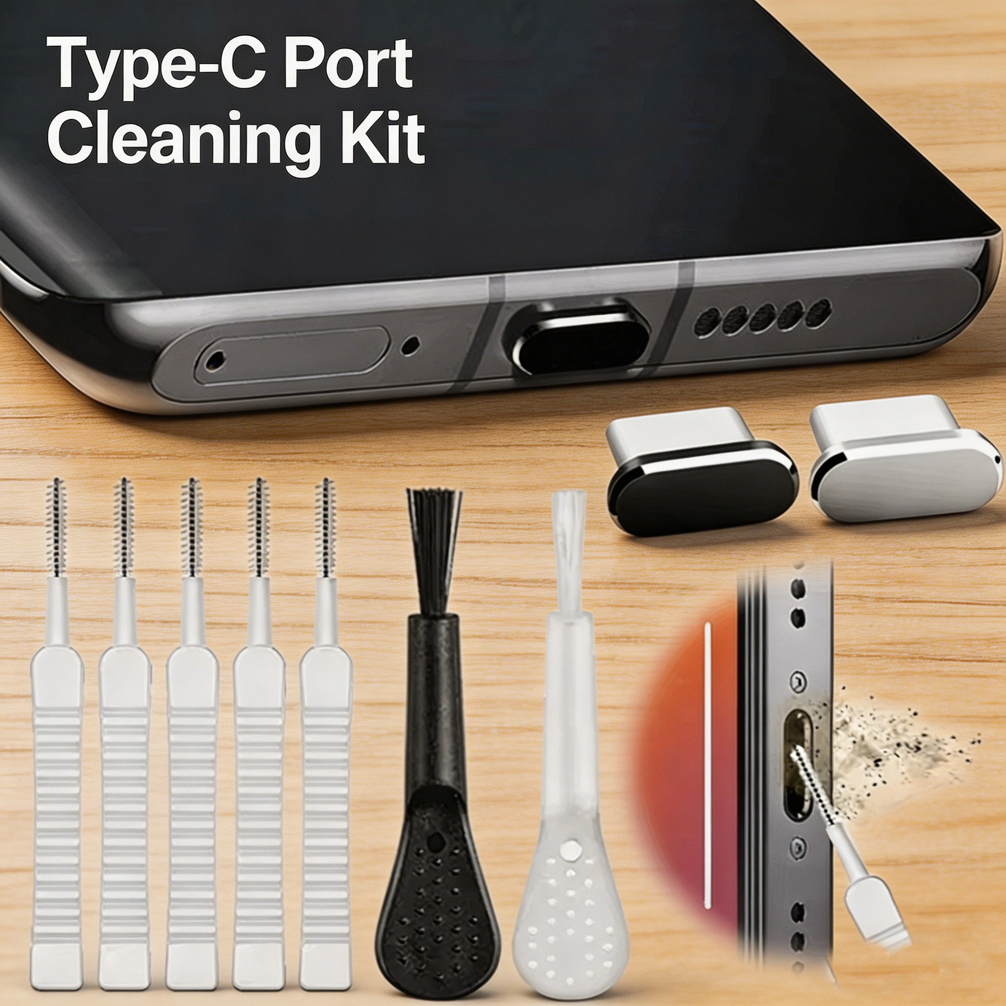 Cell Phone Charging Port Dust Plug with Cleaning Brush for IPhone 17 16 14 13 Pro Max Plus Samsung Xiaomi IOS Type C Cleaner Set