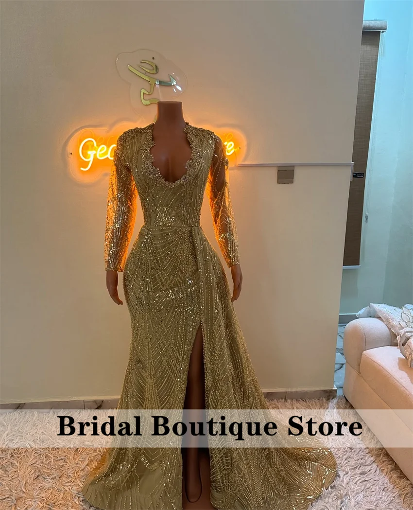 

Glitter Champagne Prom Party Dresses 2025 Bead Crystals Luxury Long Sleeves Party Gown Wedding Reception Gown Customized