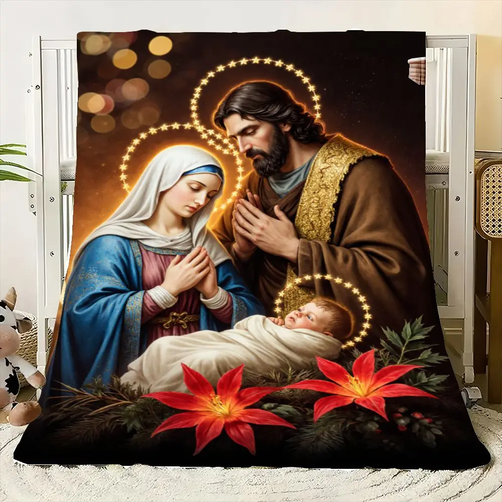 بطانية دينية للعائلة المقدسة - رمي ناعم من الألياف الدقيقة يتميز بميزة ماري وزوزيف وطفل يسوع في مشهد عيد الميلاد الاحتفالي، إليجا
