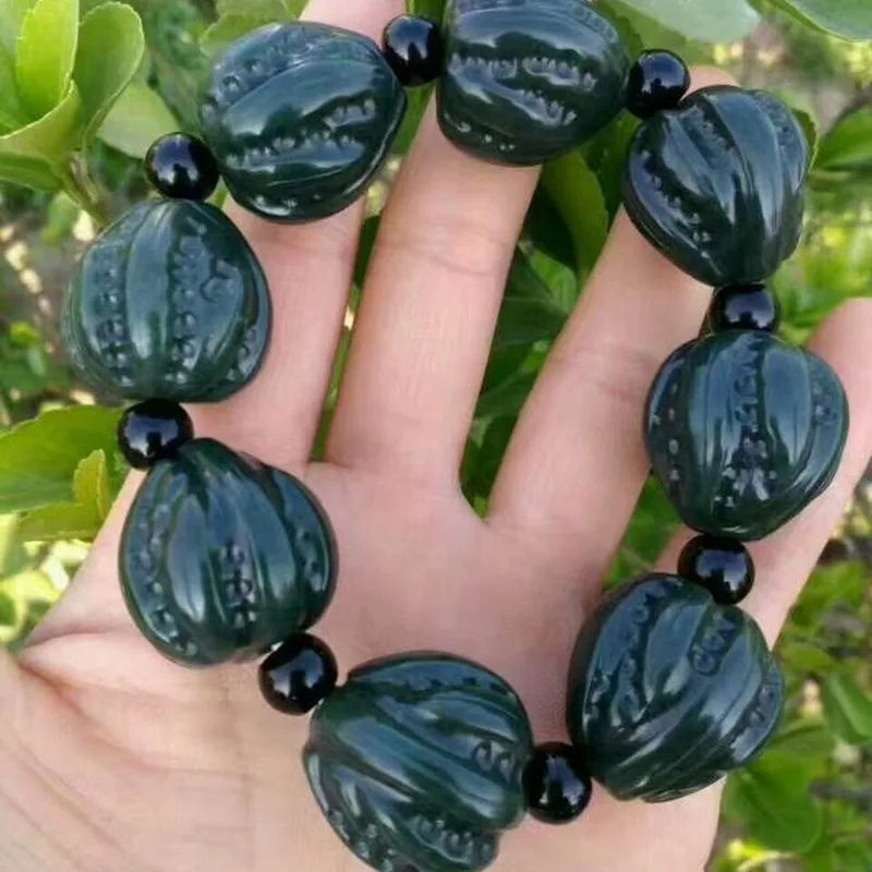 Hotan , Green Bracelet, Jade Walnut Round Bead Chain, Unisex Hand Beads