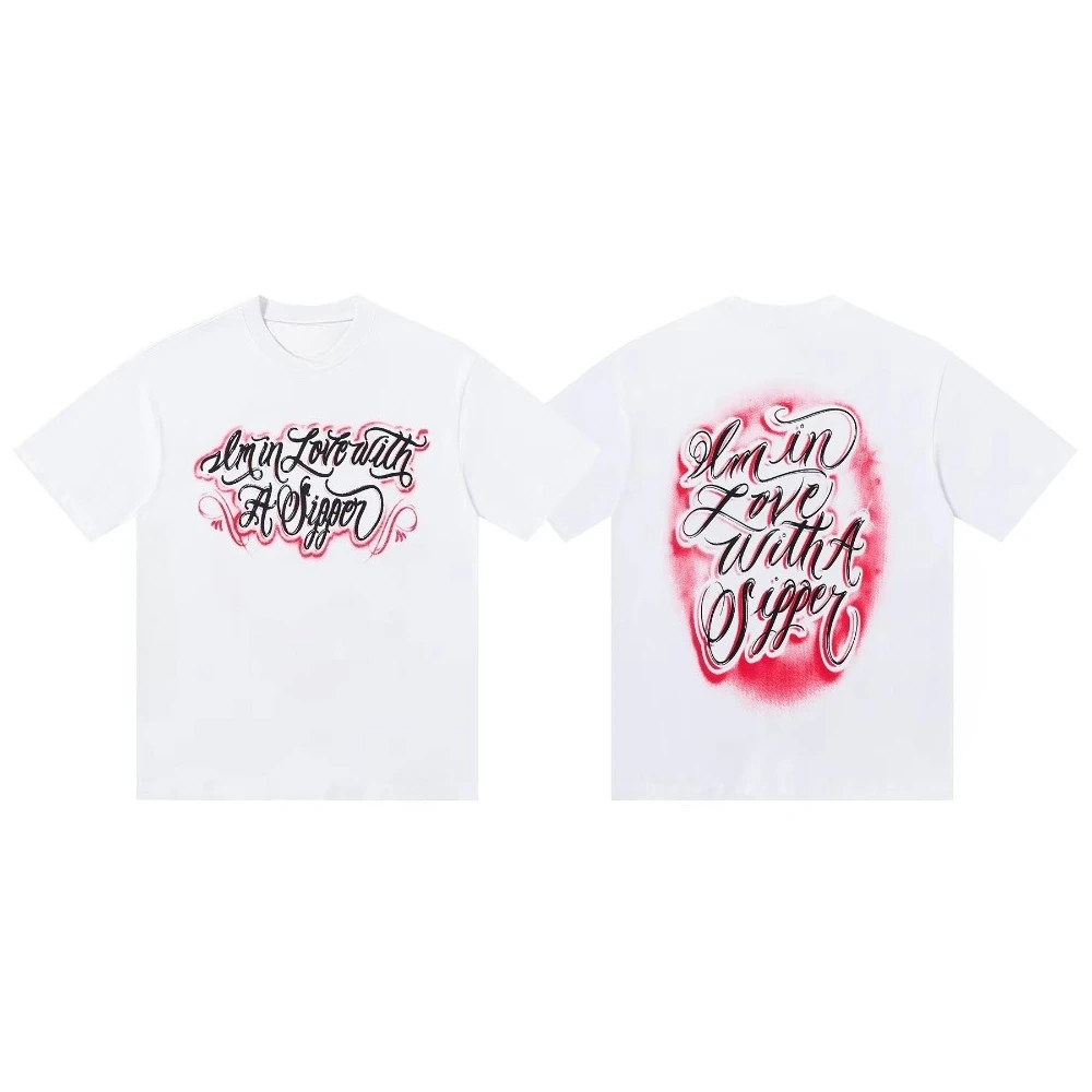 2026 High Street Big Letter Print Pure Cotton Short Sleeve Mens Summer Tshirts Round Neck Vintage Loose Casual Top Tees