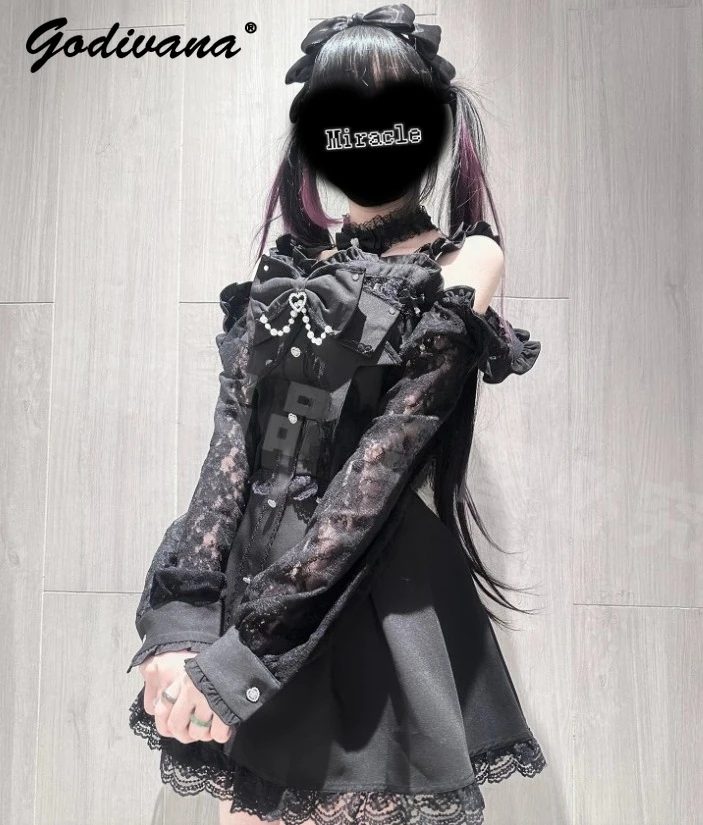 

New Spring Subculture Girls Sweet Dress Set Lolita Bow Off-the-shoulder Lace Spliced Long Sleeve Dress and Shorts Two Piece Set