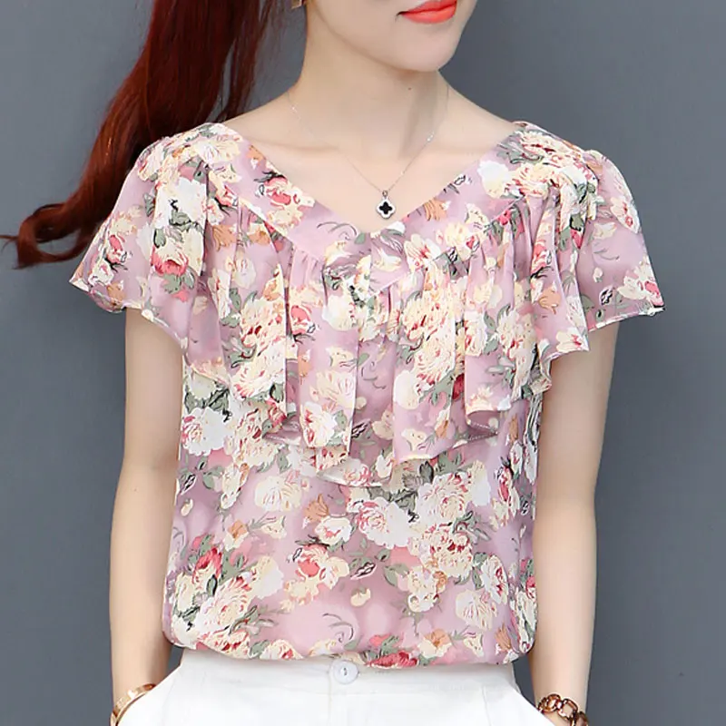 Office Lady Floral Printed Blouse 2023 Summer Straight Elegant V-Neck Women\'s Fashion Ruffles Spliced Short Sleeve Chiffon Shirt