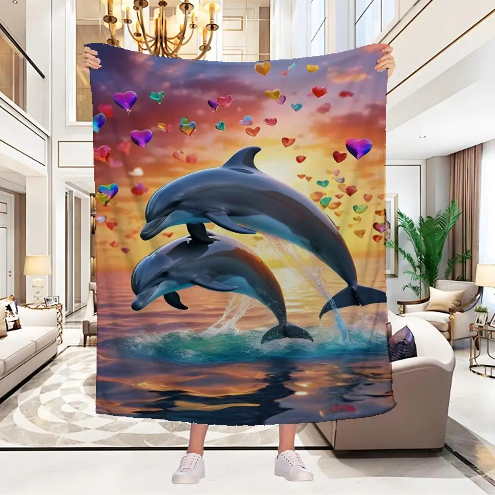 Dolphin Throw Blanket, Playful Ocean Dolphin Underwater Print Flannel Blanket, Marine Nature Aesthetic Decor Blanket For Sofa Be