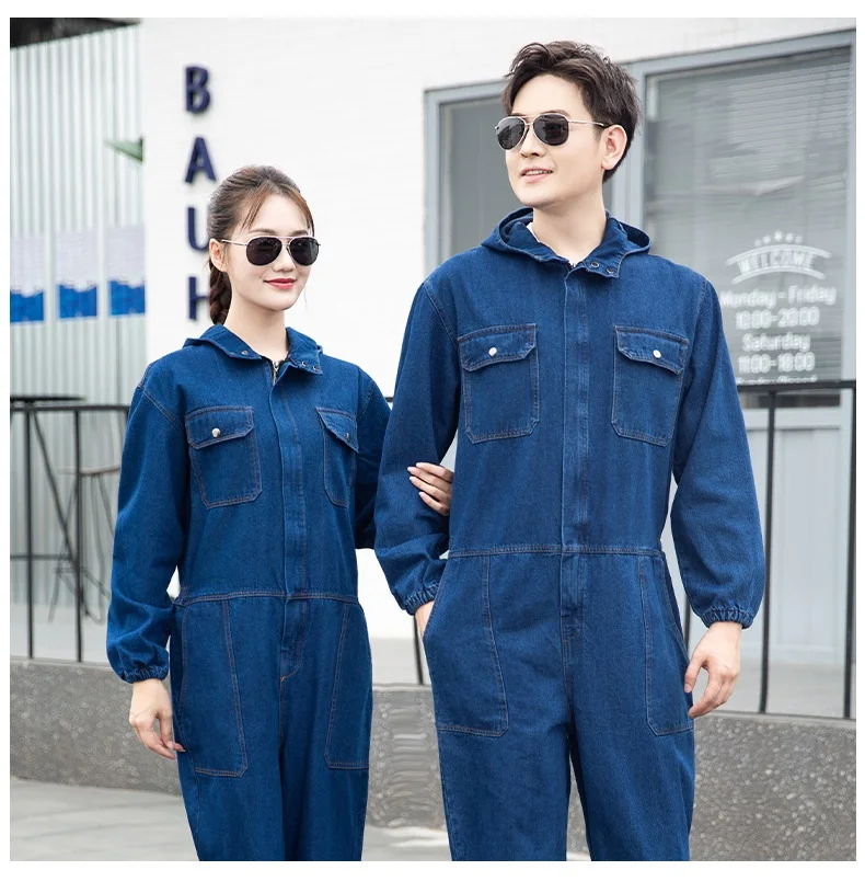 Công nhân Quần áo bảo hộ lao động áo liền quần denim áo liền quần đùi Nam/Nữ Nhà Máy đồng phục Công Việc quần áo Dài tay Dày hoodie hàn phù hợp với