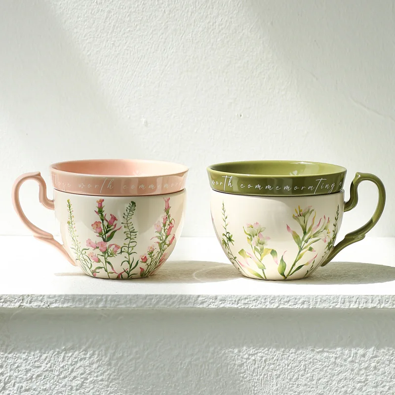 

Green Lily Coffee Cups with Lid Creative Large-capacity Water Mugs Retro Multi-functional Breakfast Milk Cup and Yogurt Bowl New