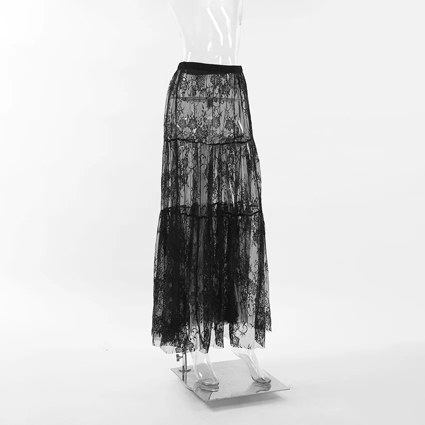 Black Sexy Lace High-waist Commuter SkirtTranslucent A-Line Skirt Women's Fashion Long Dress