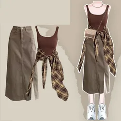 Women's Autumn New Vintage Sunscreen Checkered Shirt+Suspender+Denim Skirt Three Piece Korean Casual Cardigan Dress Matching Set