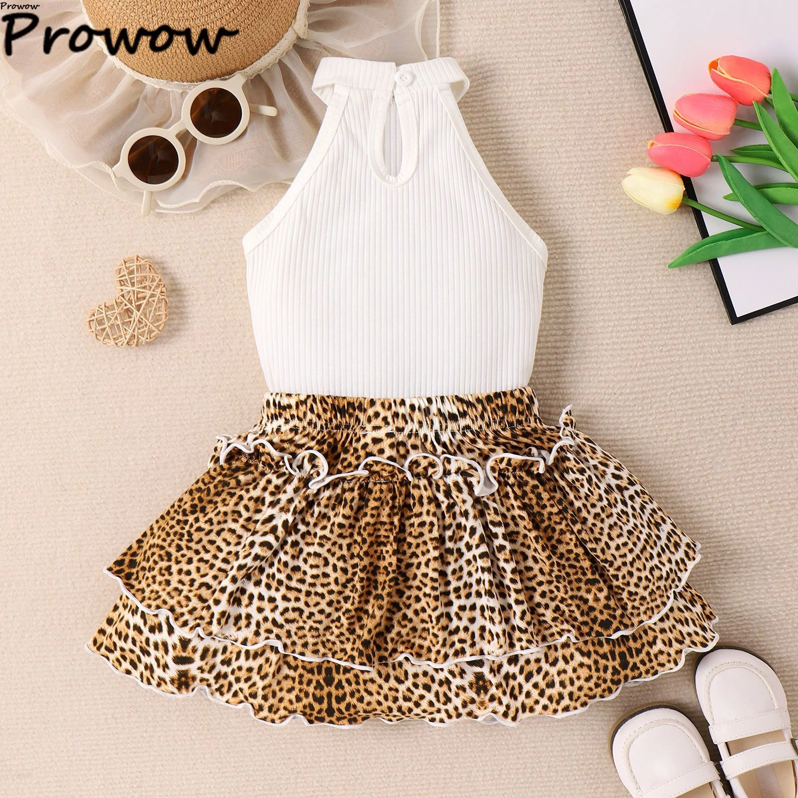 4-7Y Kids Clothes Girls Outfit Sets Halter Heart Tank Top and Leopard Cake Skirts Fashion 2pcs Summer Set For Girls Children