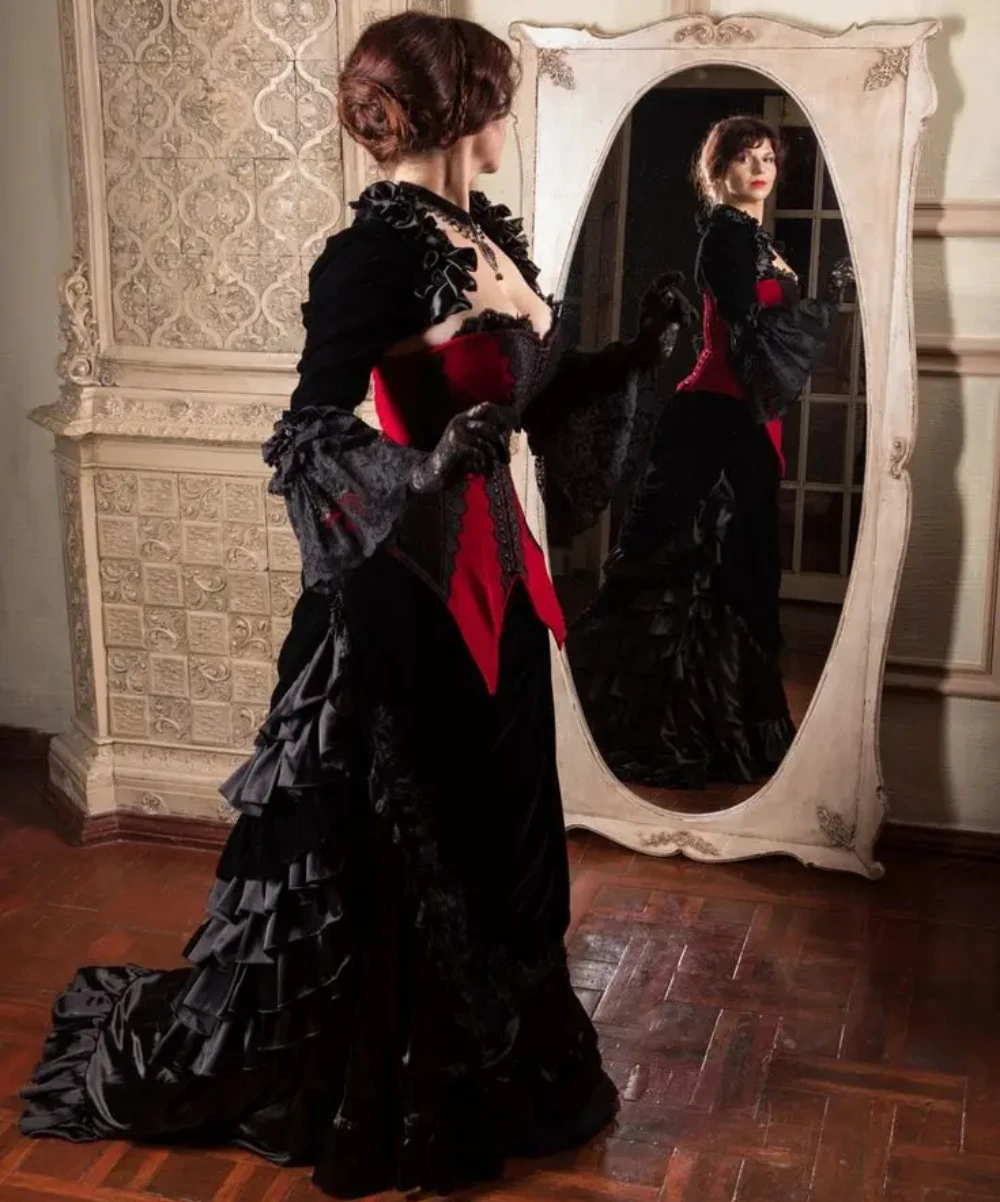 Vampire Gothic Wedding Dresses Velvet victorian style Corset Long Sleeves Evil Queen Dress Black And Red Vintage Bridal Gowns