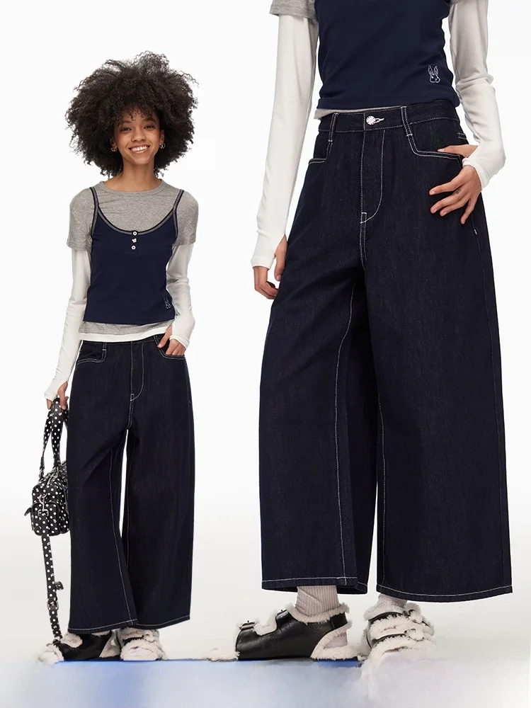 

Женские широкие джинсы DNT свободного кроя с ретро-дизайном и декоративной строчкой, прямые брюки-капри из хлопка с высокой талией, эластичные, для повседневной носки