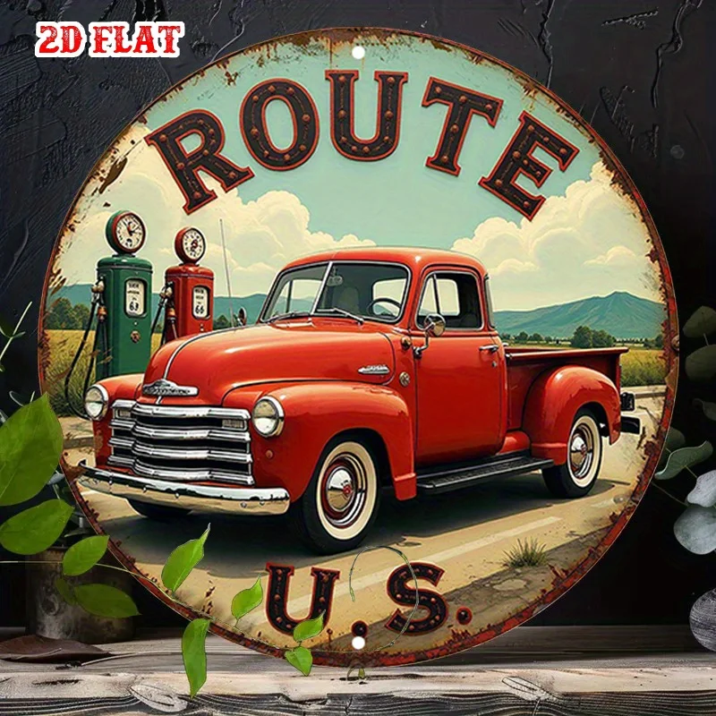 Placa de Parede Metálica Vintage 2D - Sinal Retro de Posto com Caminhão Vermelho, Garagem e Café para Decoração Masculina