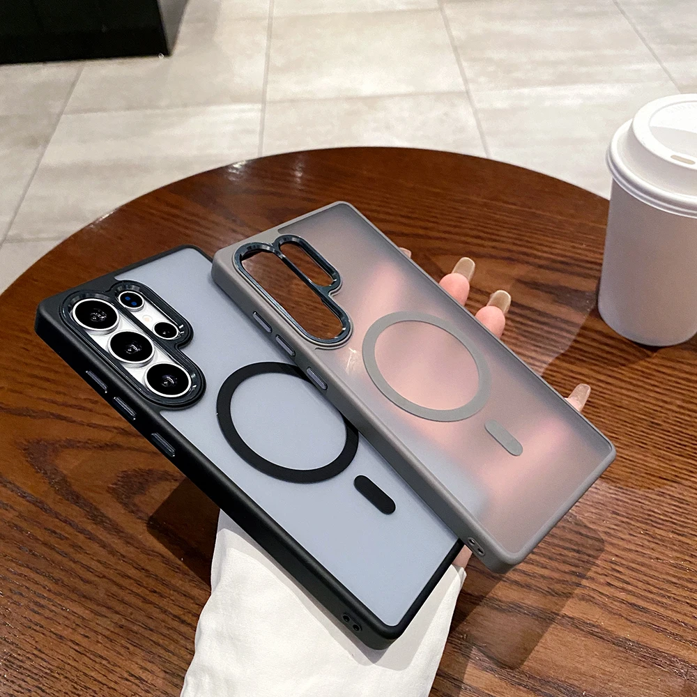 

Skin Friendly Case For Samsung Galaxy S25 S24 Ultra Plus Magsafe Translucent Frosted Magnetic Metal Lens Frame Keys Cover