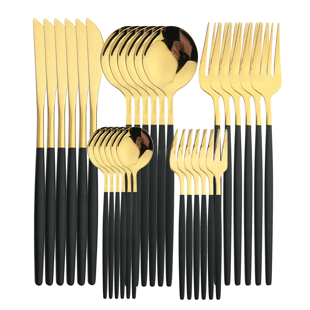 30Pcs Dinnerware Black Gold Cutlery Set Stainless Steel Tableware Knife Fork Spoon Dinner Kitchen Flatware Teaspoon Mini Forks