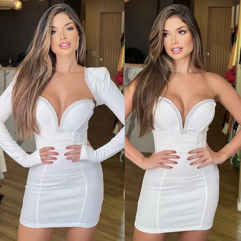 Wholesale women\'s 2023 Wear Multi-Color Rhinestone Long Sleeve Bandage Top&Strapless Dress Sexy Celebrity Two Piece Suit