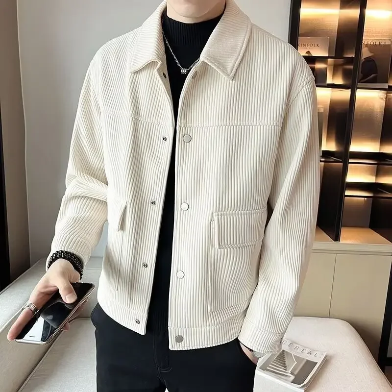 New Men's Corduroy Jacket Cropped Style For Spring Autumn Casual Workwear Trendy Brand Men's Outerwear