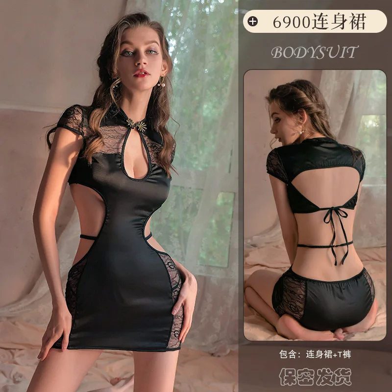 Vestido Qipao calado de estilo chino para mujer, lencería Sexy de satén de encaje, Cheongsams chinos tradicionales, uniforme, disfraces sexuales para club nocturno