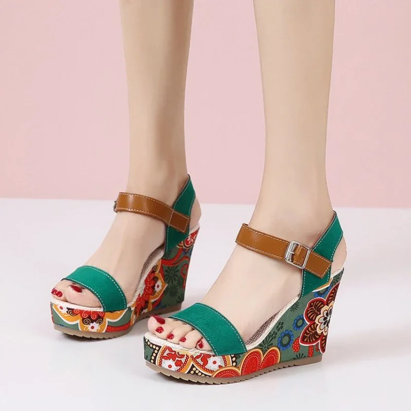 Shoes for Women Summer Wedge Sandals Retro Ethnic Printing Platform Shoes Ladies Casual Ankle Comfortable Sandalias De Mujer