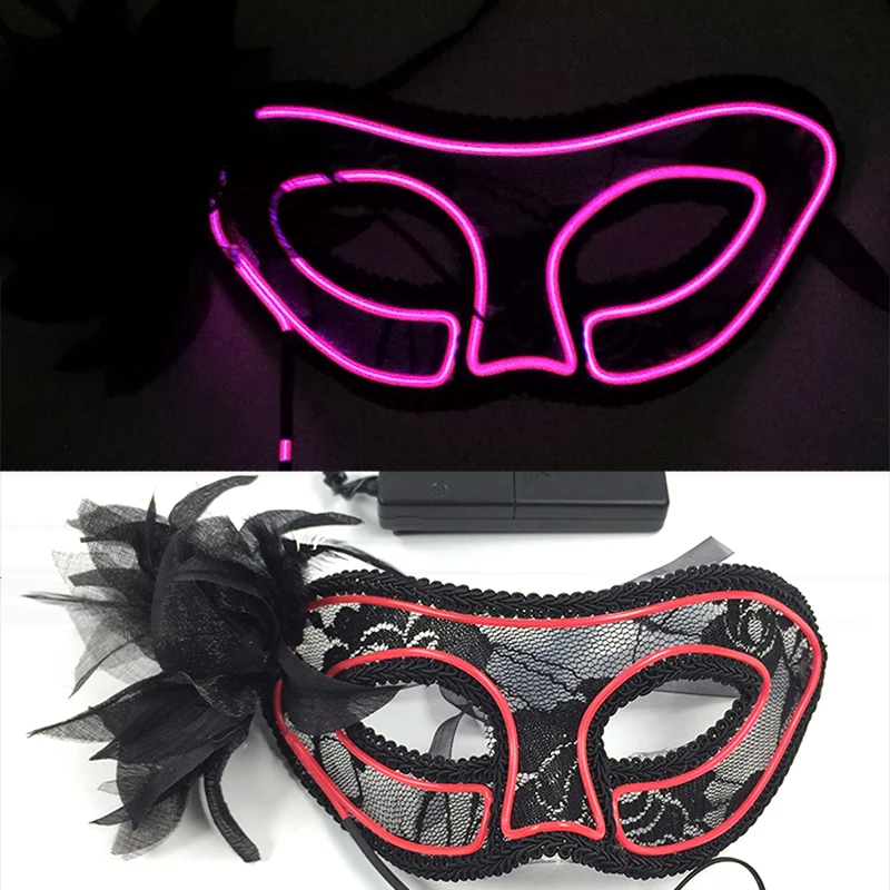 Halloween Neon Light Up Dance Feather Mask LED Luminous Sexy Black Lace Mask Bar Night Club Props Glowing Masquerade Party Mask