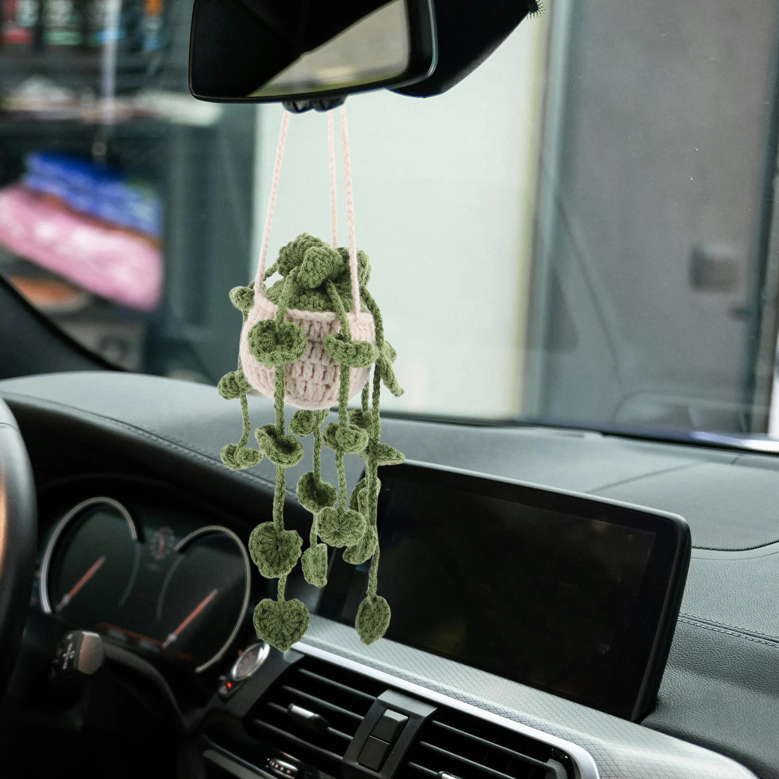 

Elegant Crochet Plant Ornament Rearview Mirror Decor Space-Saving Yarn Pendant Car Interior Accessories Fake Hanging Plants