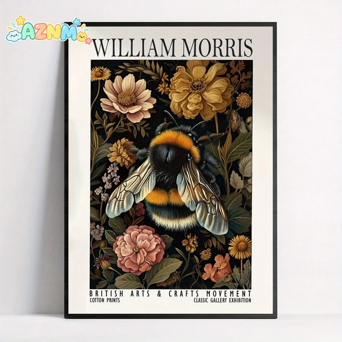 William Morris-Inspired Bee & Floral Canvas Art Print - Vibrant Retro Poster with Bumblebee & Colorful Flowers, Frameless Wal