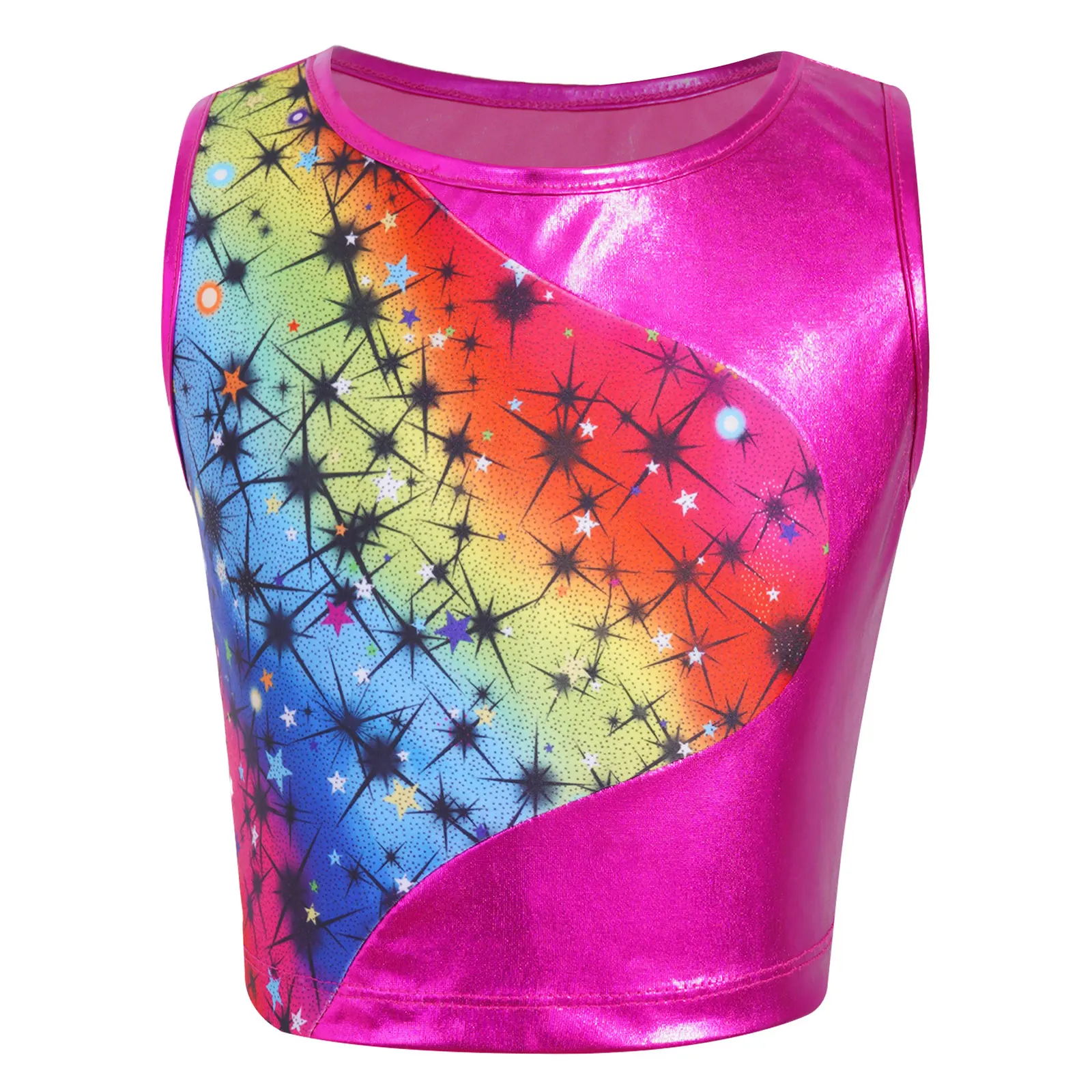 

2024 Kids Girls Print Patchwork Sport Vest Top Hip Hop Dance Performance Costumes Gymnastic Yoga Cheerleading Athletic Crop Tops