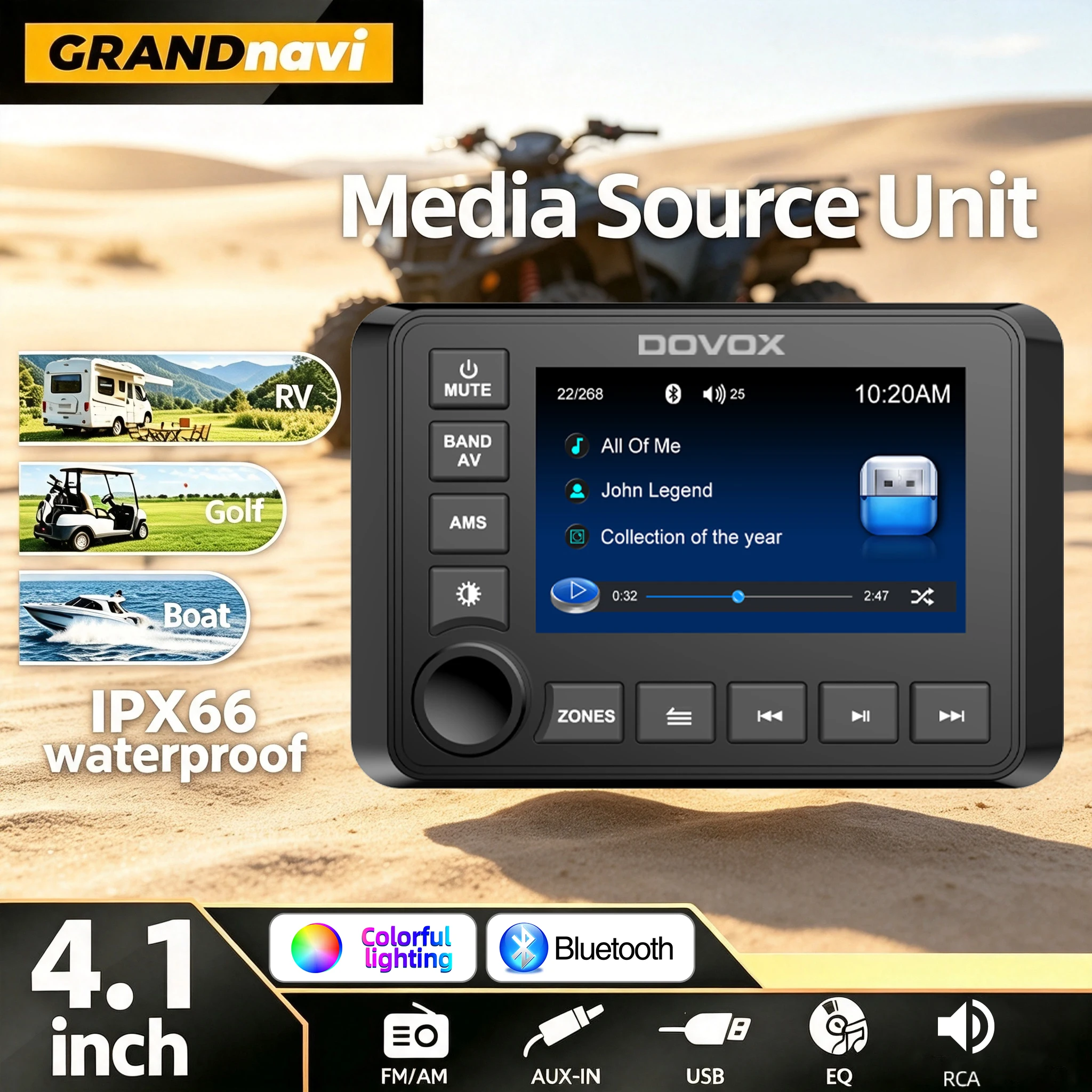 4.1inch Marine Stereo Boat MP5 Radio Player TFT Display Support Bluetooth FM AM For Yacht Gauge ATV UTV SUV RV Cart Motorcycle