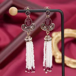 Sunspicems Antique Gold Color Turkish Long Bead Dangle Earrings for Women Ethnic Arabian bridal Jewelry Tassels Earring