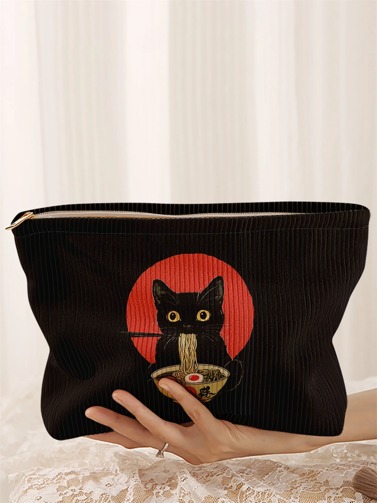 1 bolsa de maquillaje de pana con estampado de gato negro, caja de almacenamiento de maquillaje ligera con cremallera, bolsa multifuncional con forro