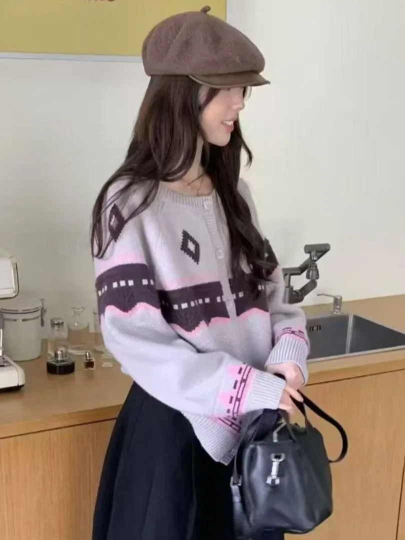 

Осенний вязаный свитер, женский дизайн, Sensation Diamond Color Blo, универсальный открытый кардиган для похудения, корейский свободный крой, длинный...