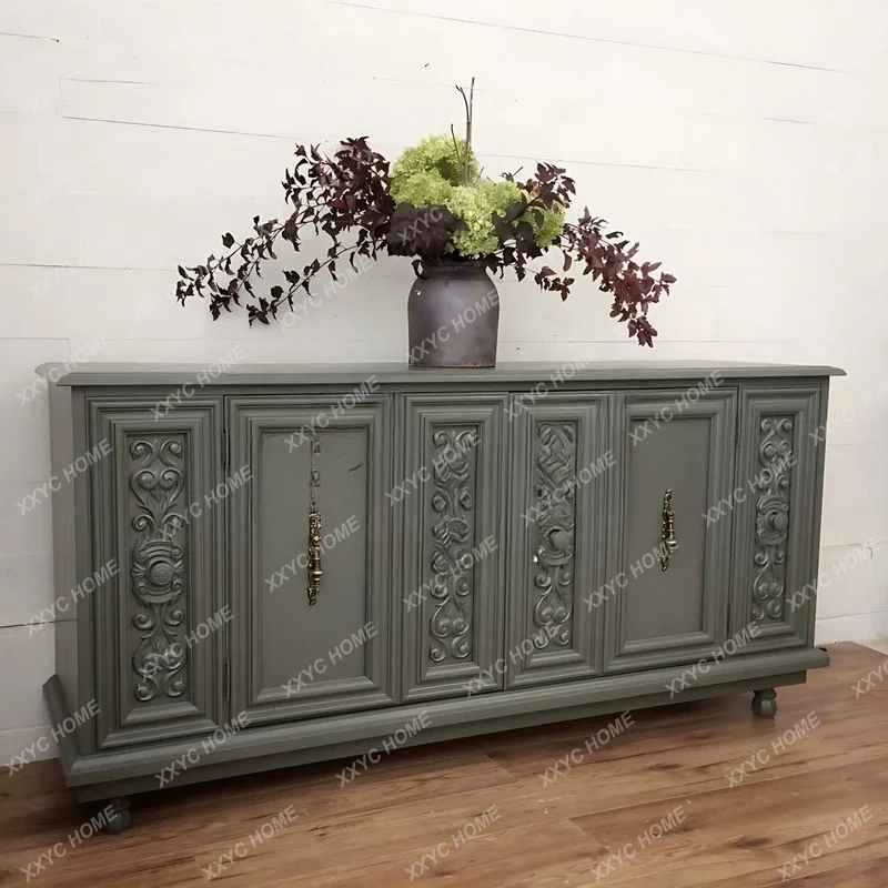 Retro premium green living room storage locker solid wood carving flower entrance cabinet dining room side cabinet decorative